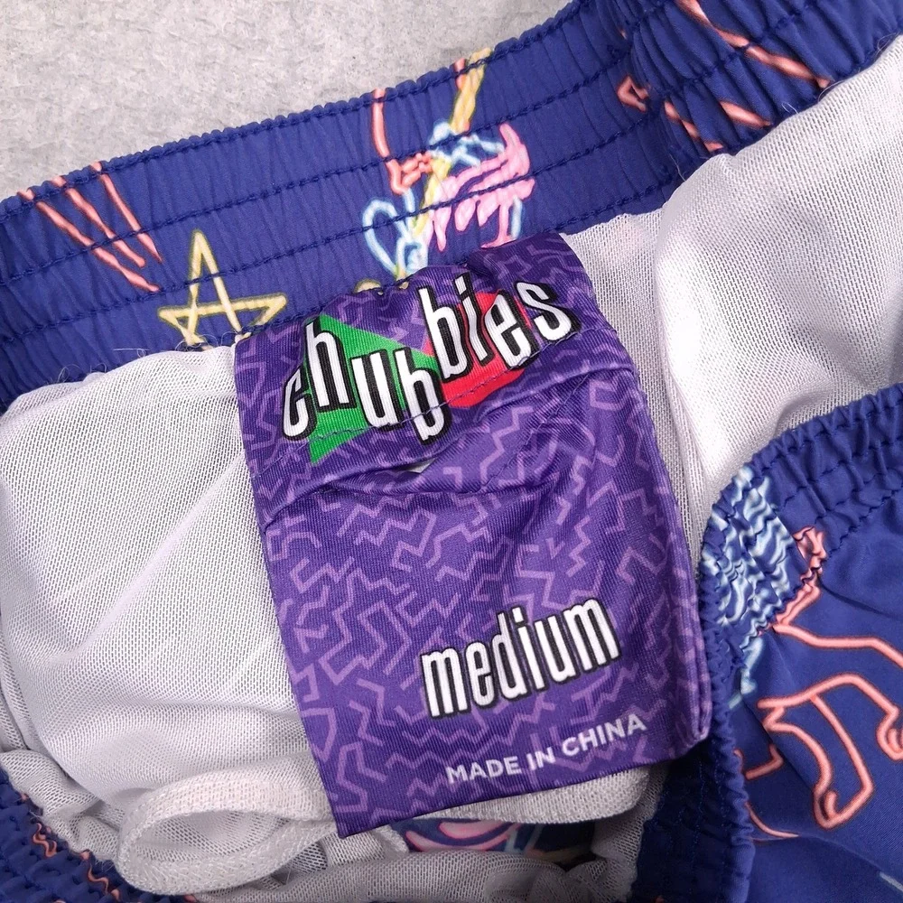 Chubbies Swim Trunks Mens Medium Blue Neon Lights Mythical Creatures Print Short